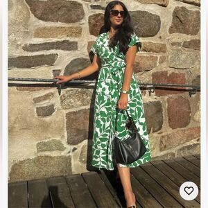 Zara green/white belted midi dress